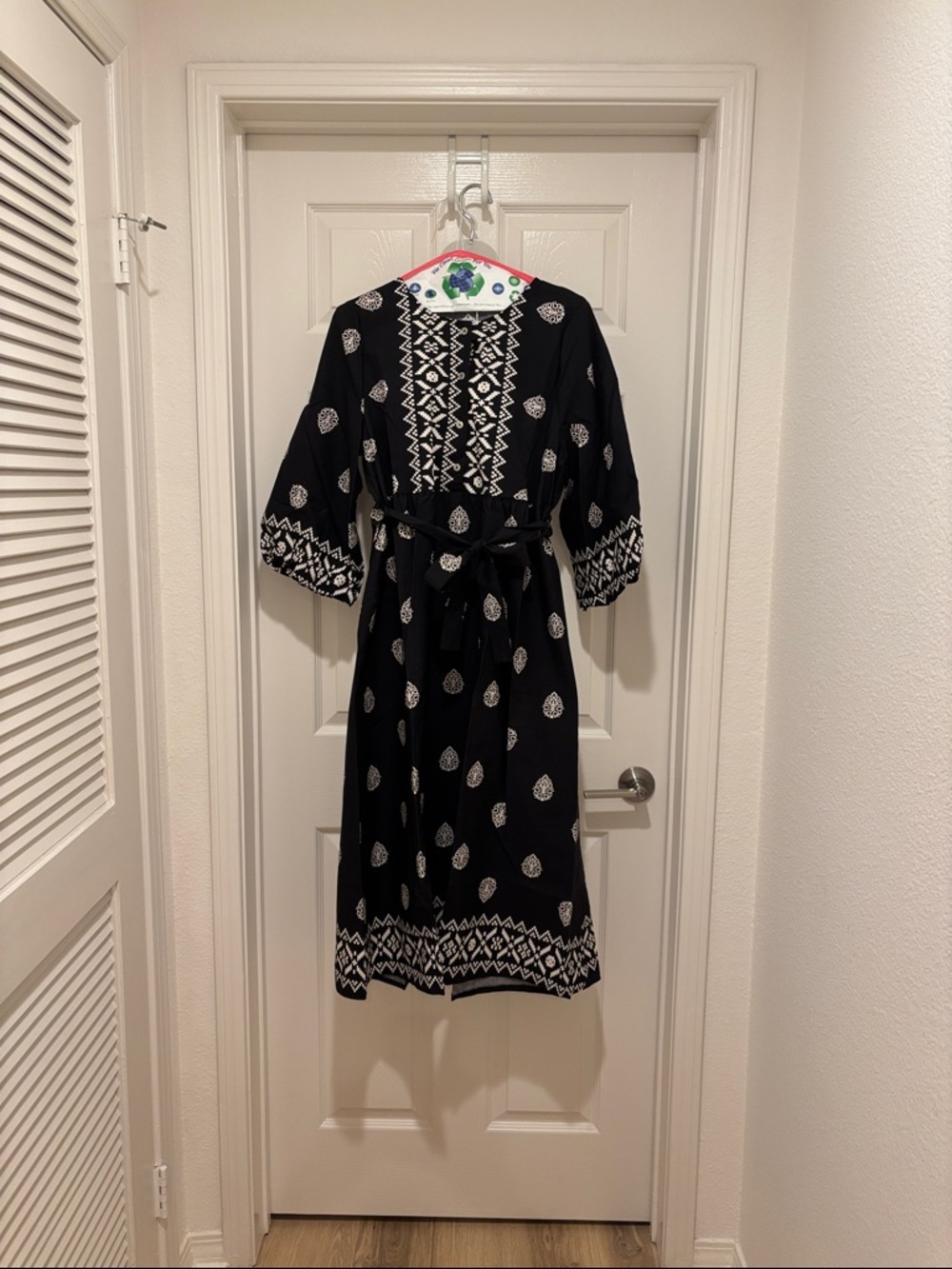Embroidered Black Midi Dress with Waist Tie